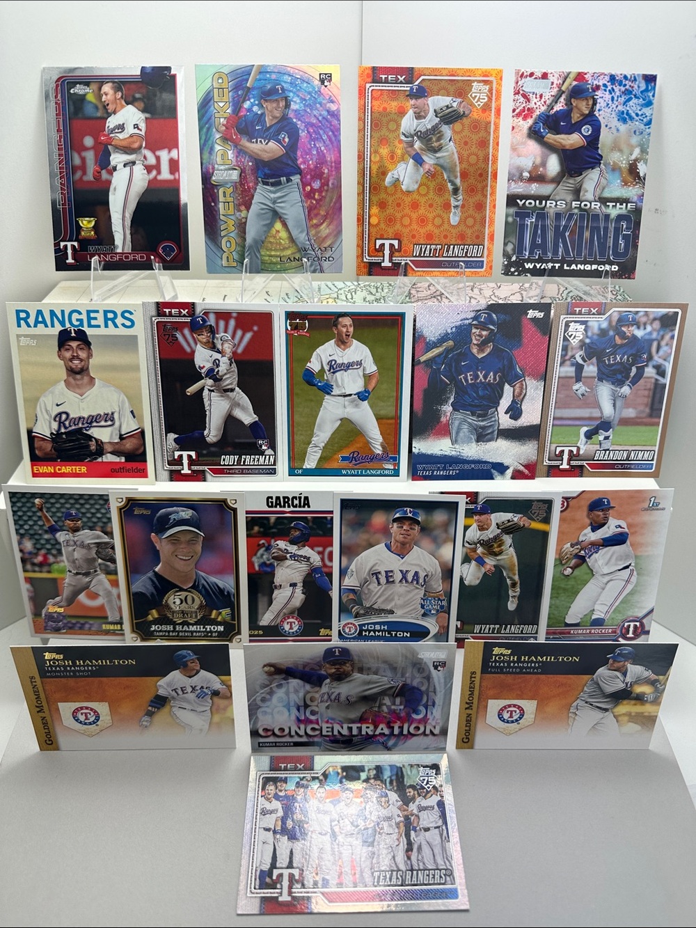 Wyatt Langford rookie & Josh Hamilton Brandon Nimmo Gold/2026 Rangers lot of 19